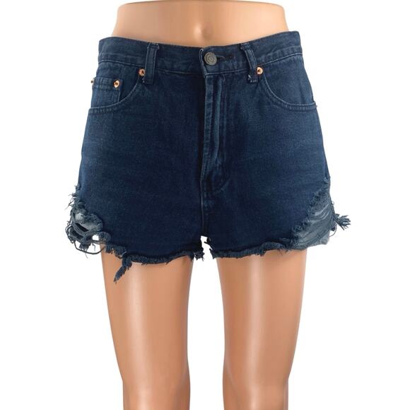Signature Women's Blue Dark Wash Cut Off High Rise Denim Jean Shorts Size M - Picture 1 of 5